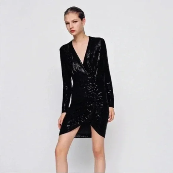 NWT Zara Draped Sparkly Black Dress Long Sleeve size Medium - Picture 3 of 16